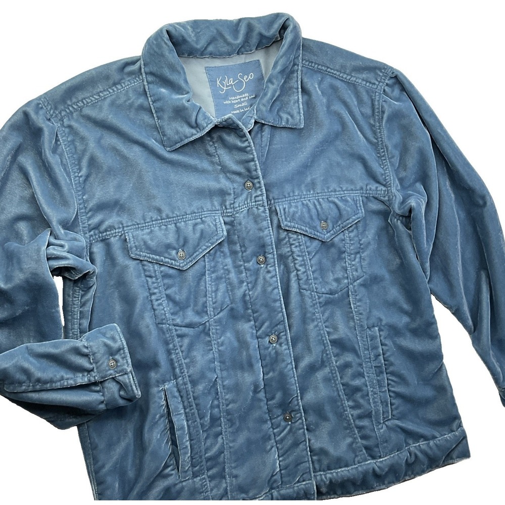 Kyla Seo Trucker Jacket Women Sz S Crushed Velvet Western Blue Shacket Soft